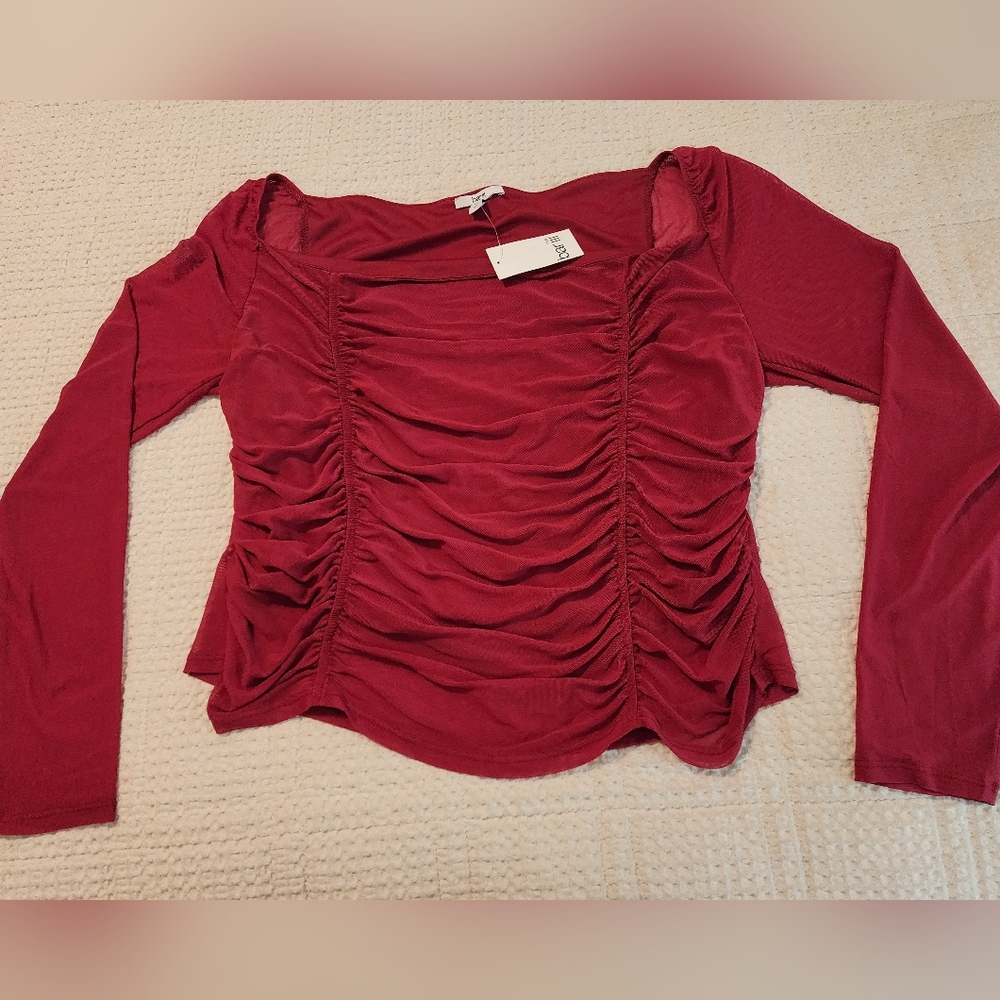 Bar III Women's Ruched Long-Sleeve Mesh Square Neck Top Burgundy 2X Coquette